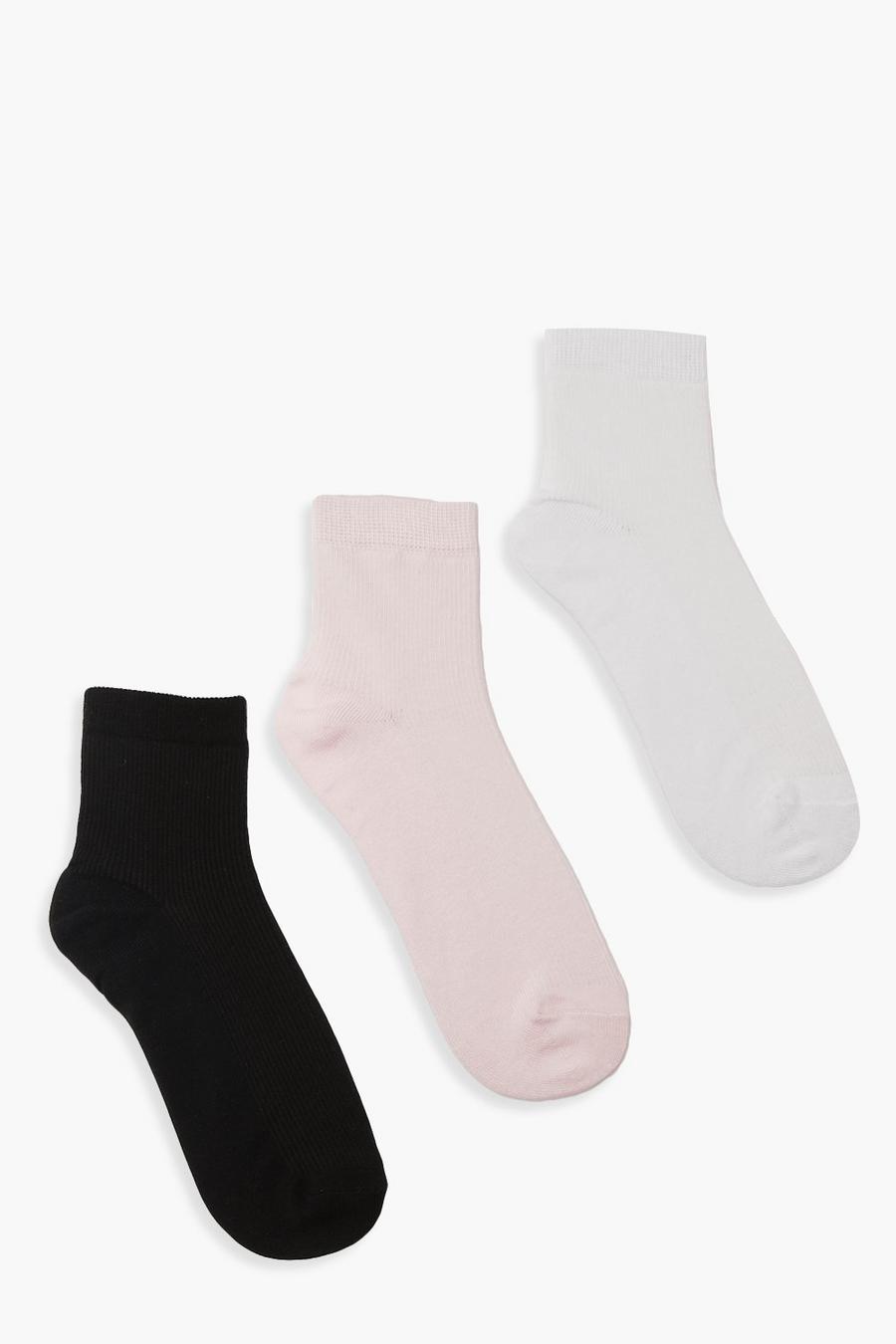 3er-Pack einfarbige, gerippte Socken, Rosa image number 1