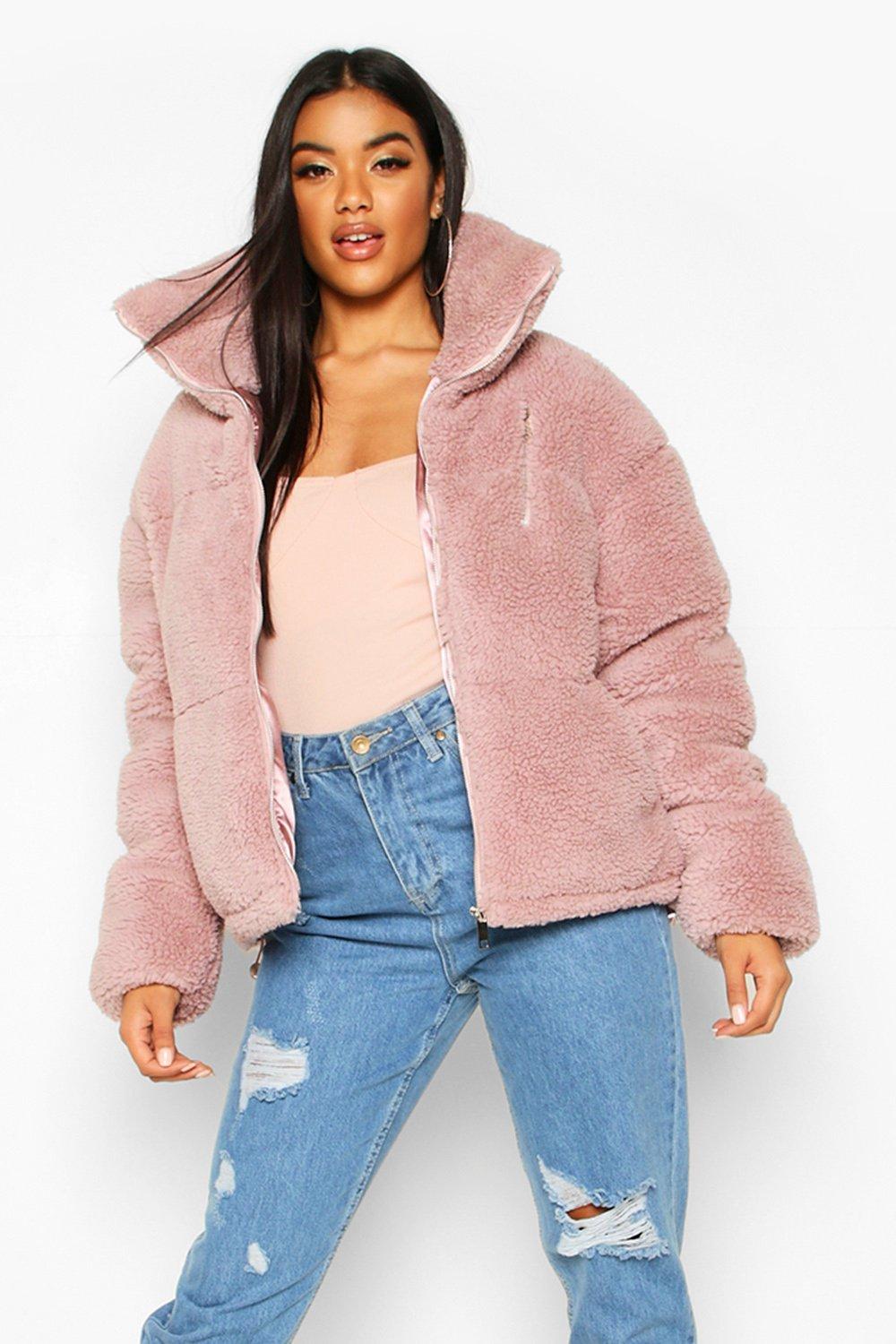 pink fluffy puffer jacket