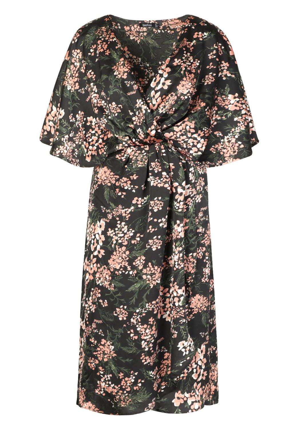 boohoo kimono sleeve midi dress in mixed stripe and floral print