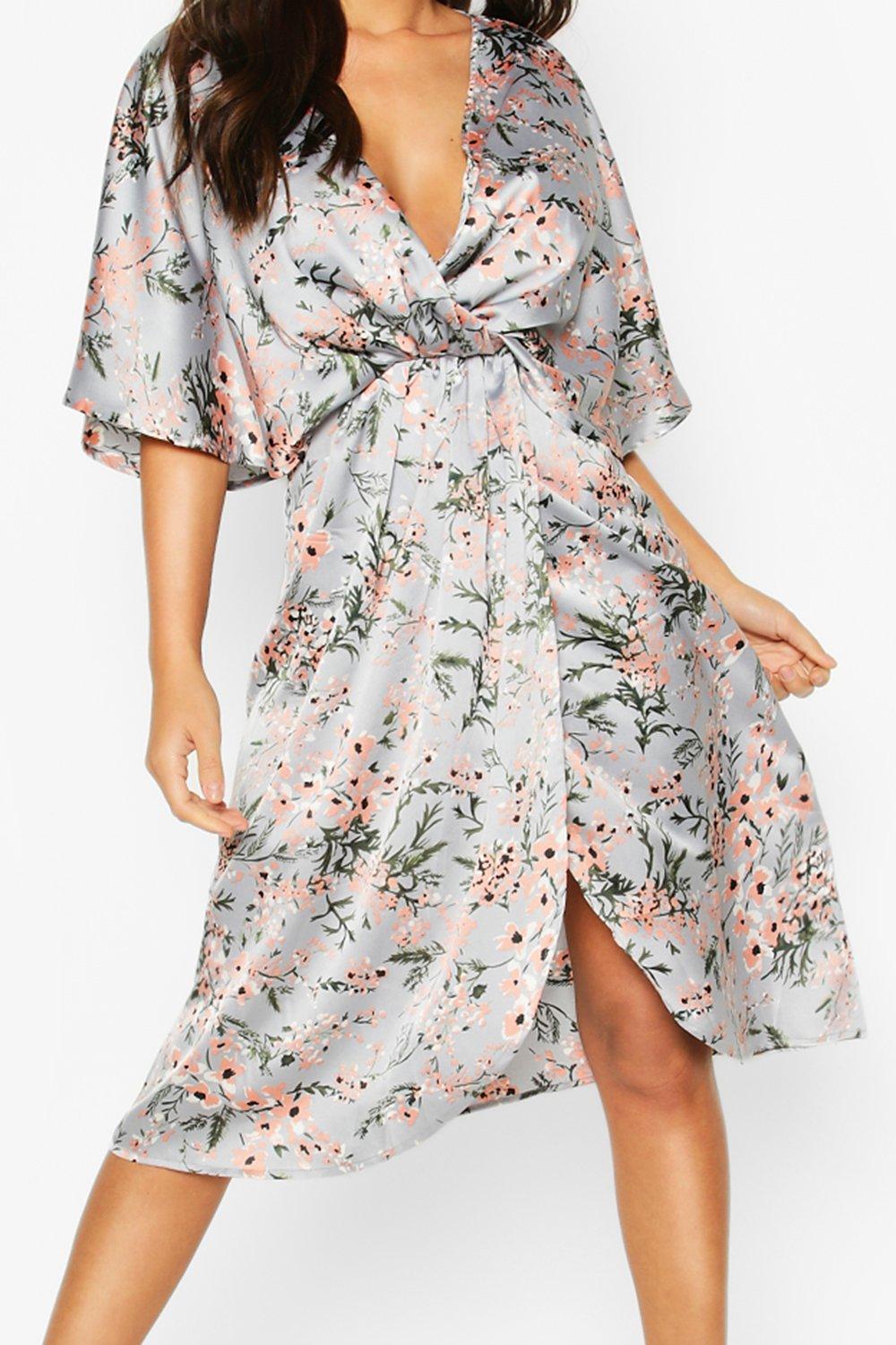 boohoo kimono sleeve midi dress in mixed stripe and floral print