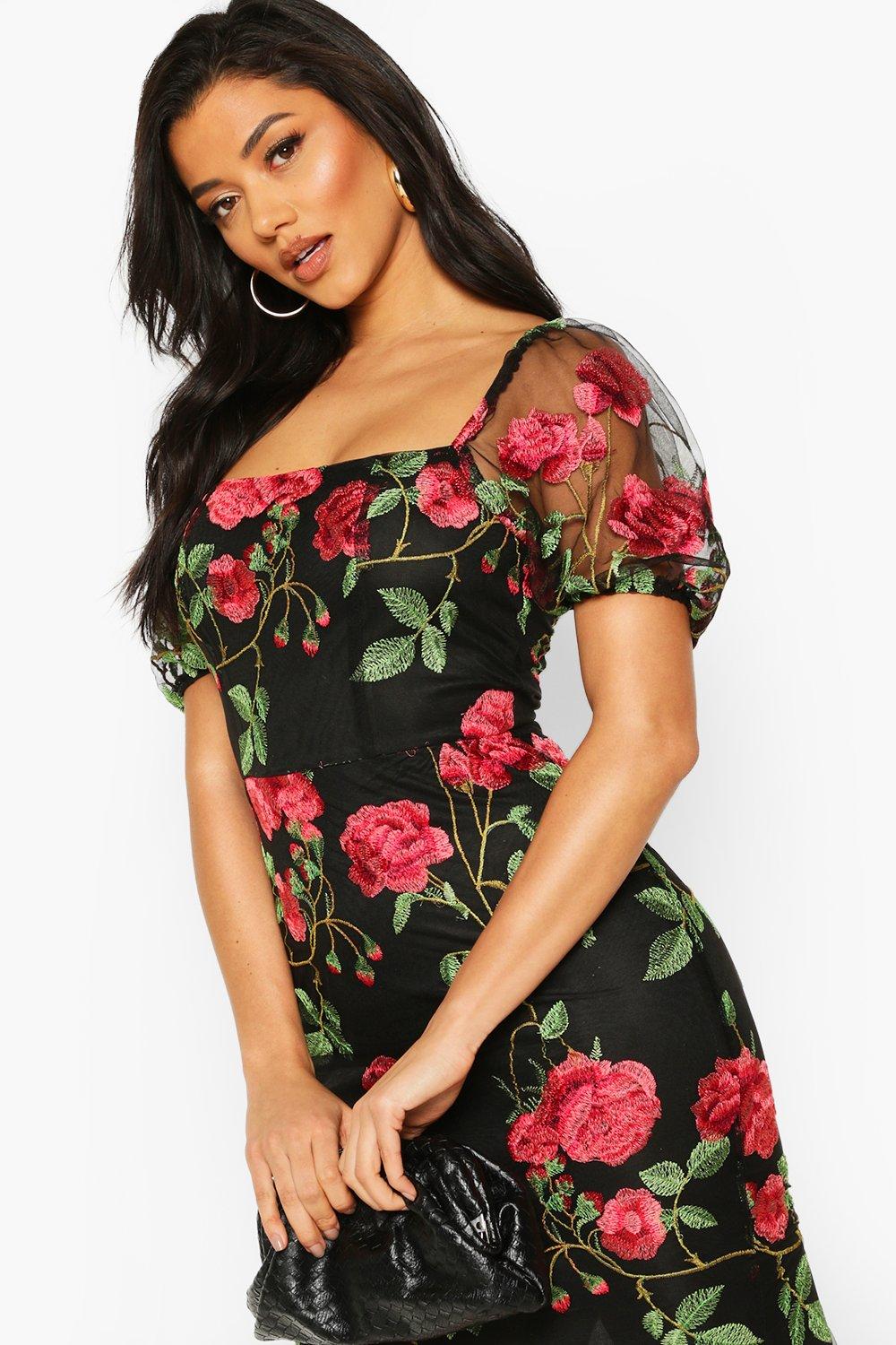 Rose Organza Mesh Puff Sleeve Midi Dress boohoo USA