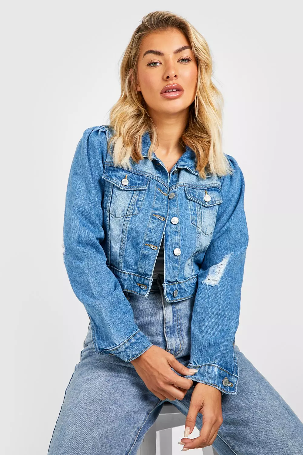 Distressed Puff Shoulder Detail Denim Jacket Boohoo