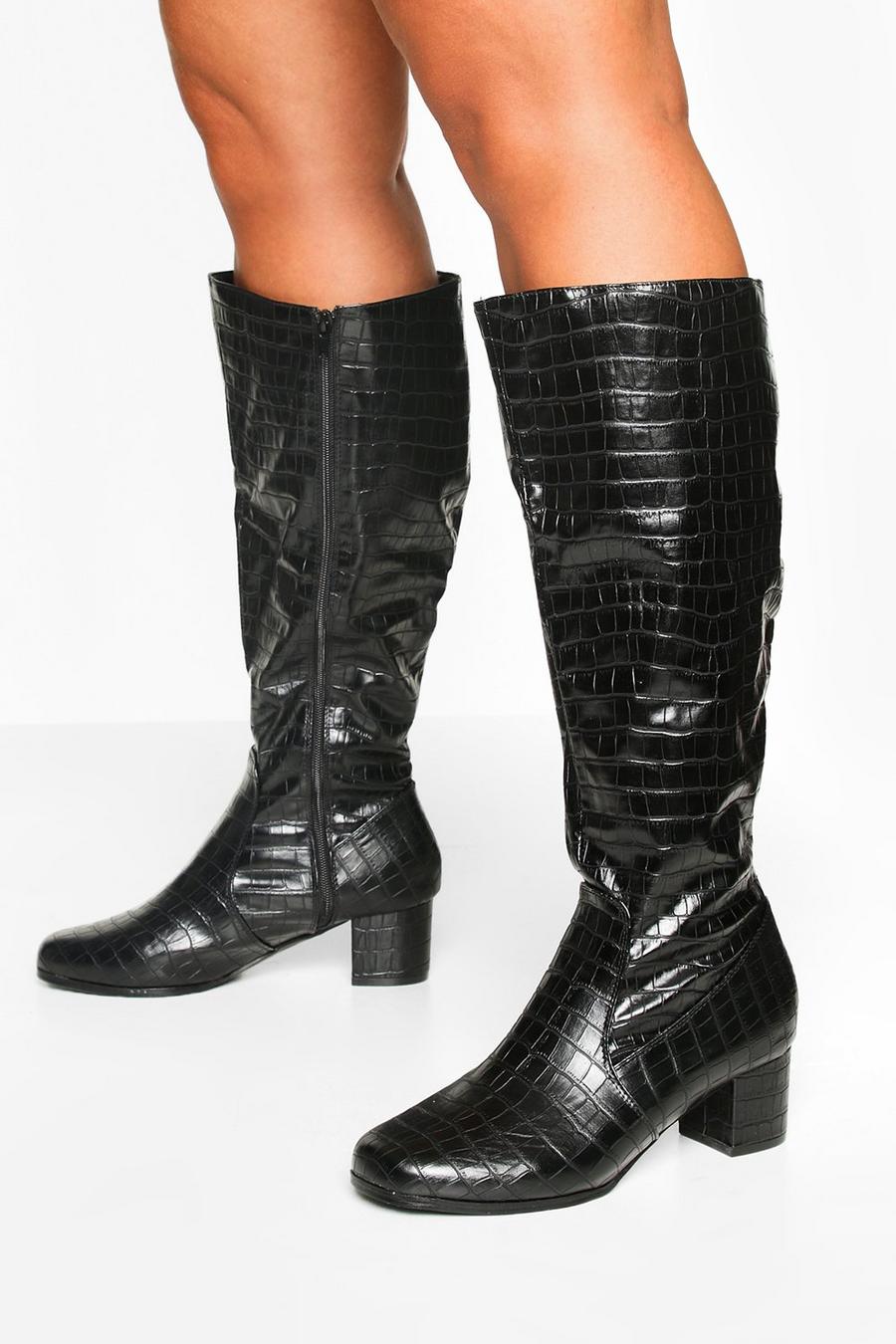 Wider Calf Wide Fit Croc Knee Boots, Black image number 1