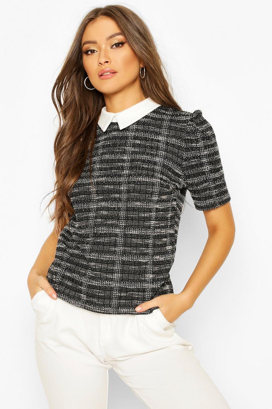 Boucle Double Checked Collared Puff Sleeve Top image number 1