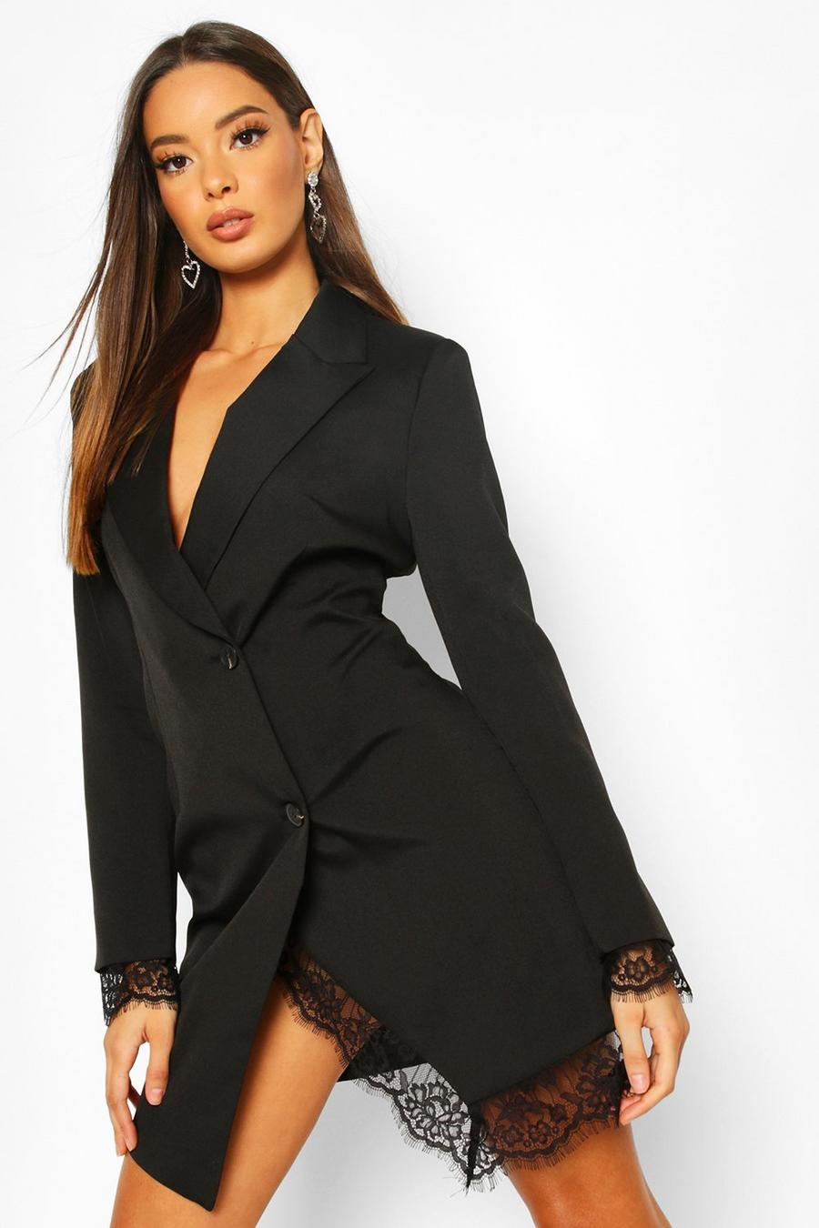 Vestido estilo blazer con bajo de encaje, Negro image number 1