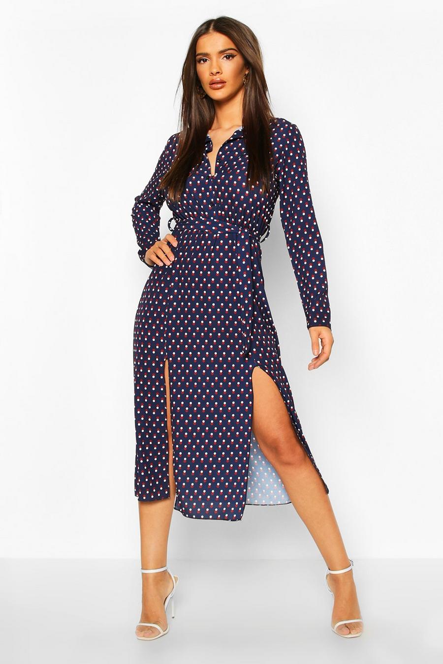 Spot Print Button Through Belted Midi Dress image number 1