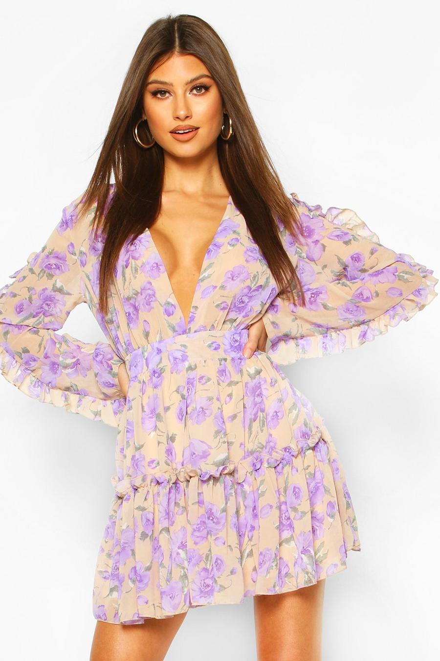 Stone Floral Print Ruffle Sleeve Skater Dress image number 1