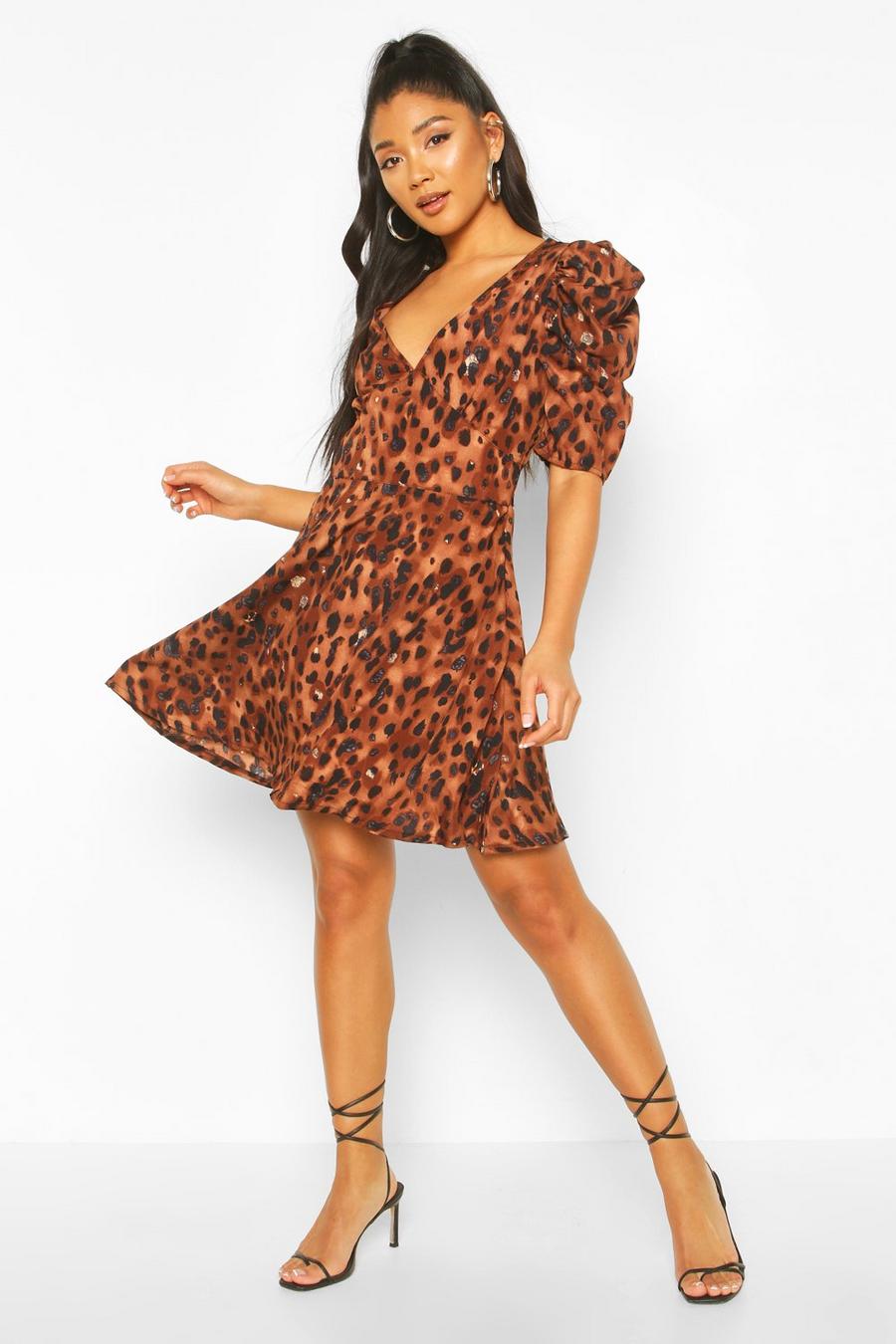 Leopard Print Puff Sleeve Skater Dress image number 1