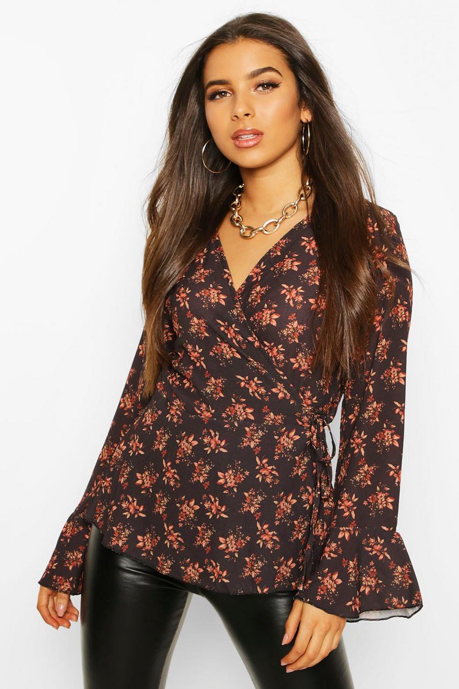 Floral Print Wrap Flare Cuff Blouse image number 1