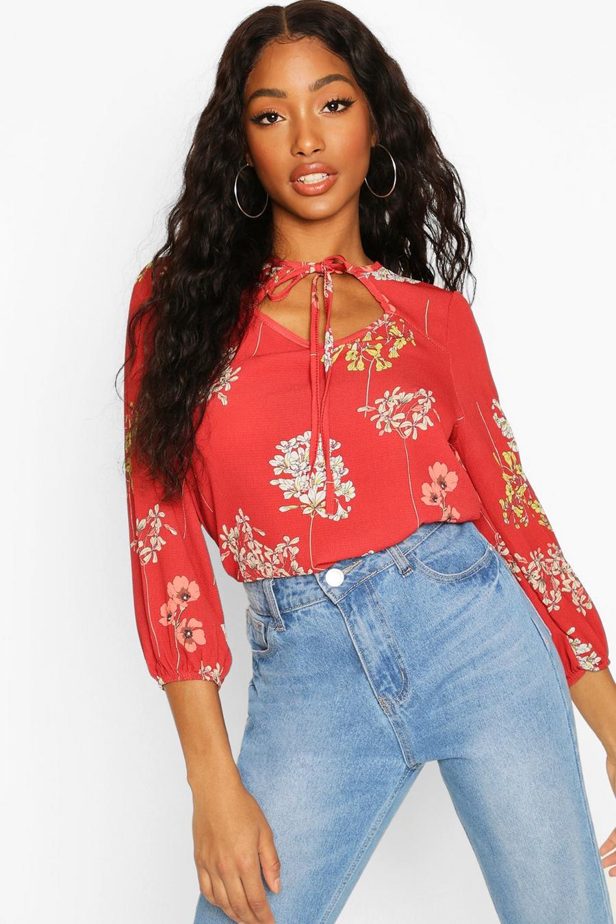 Rust Floral Tie Front Blouse image number 1
