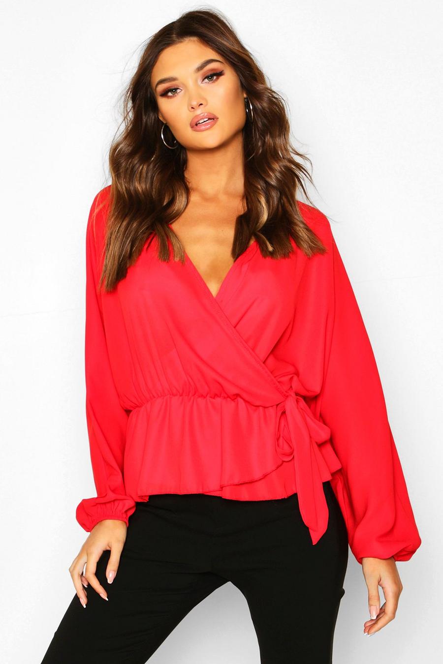 Red Ruffle Neck Wrap Blouse image number 1