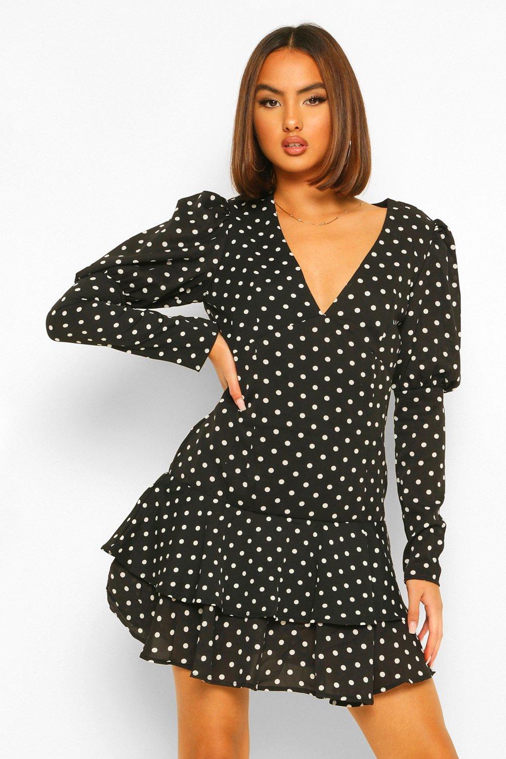 boohoo tiered ruffle mini dress with keyhole tie detail in mono polka dot