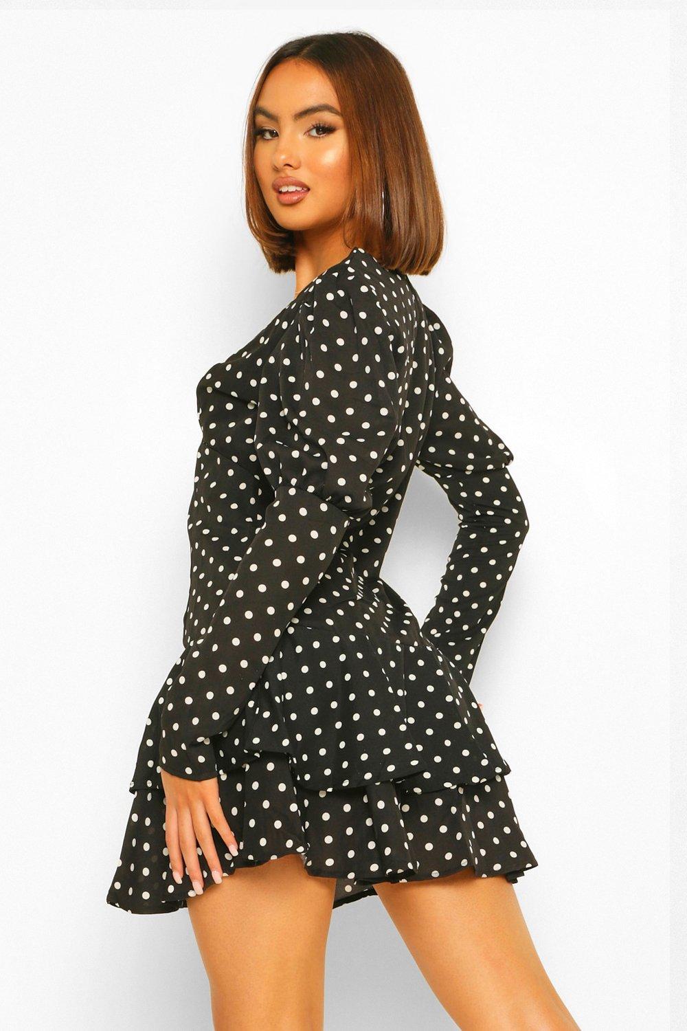 boohoo tiered ruffle mini dress with keyhole tie detail in mono polka dot