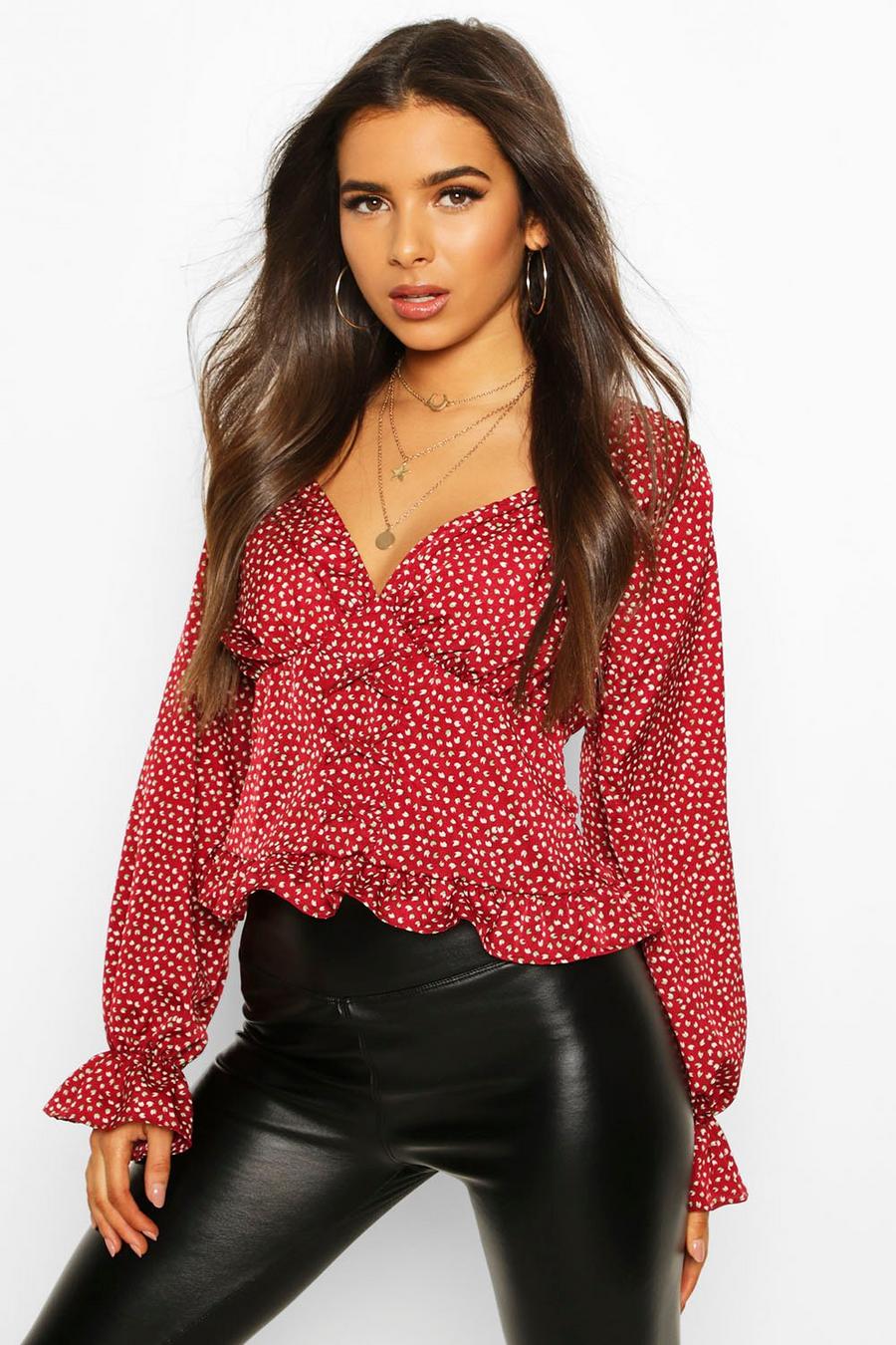 Berry Ditsy Floral Corset Detail Woven Blouse image number 1