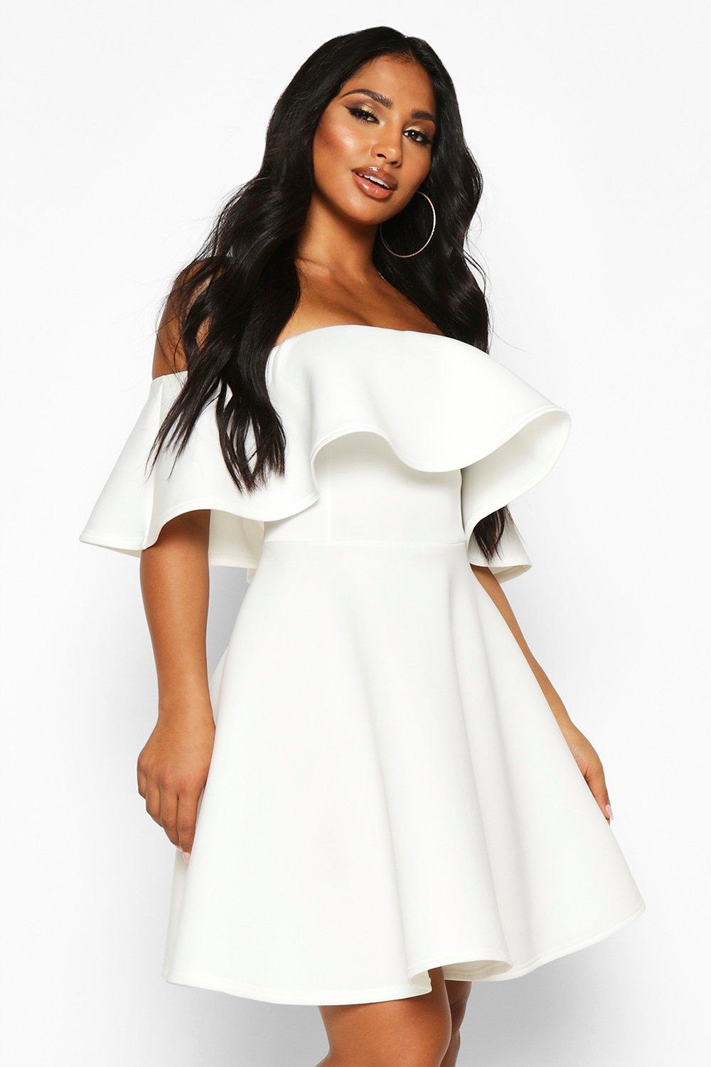 Bonded Scuba Off The Shoulder Frill Skater Dress boohoo DK