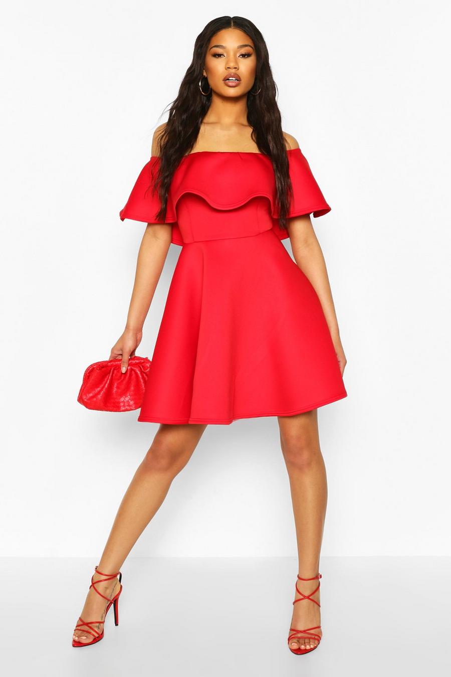 אדום שמלת סקייטר מסולסלת מבד סקובה מעובד עם כתפיים חשופות image number 1