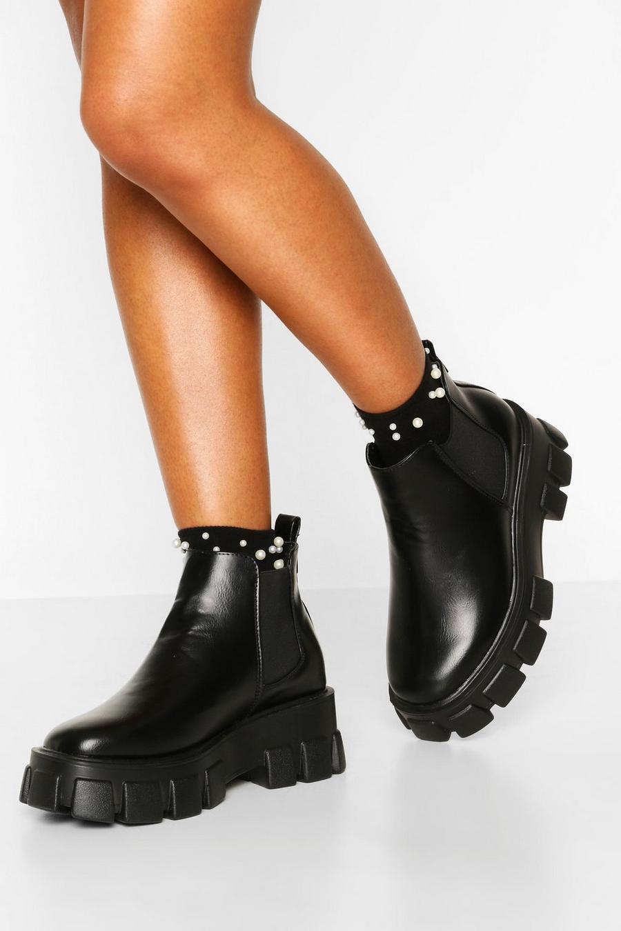 Black Wide Width Chunky Cleated Chelsea Boots image number 1
