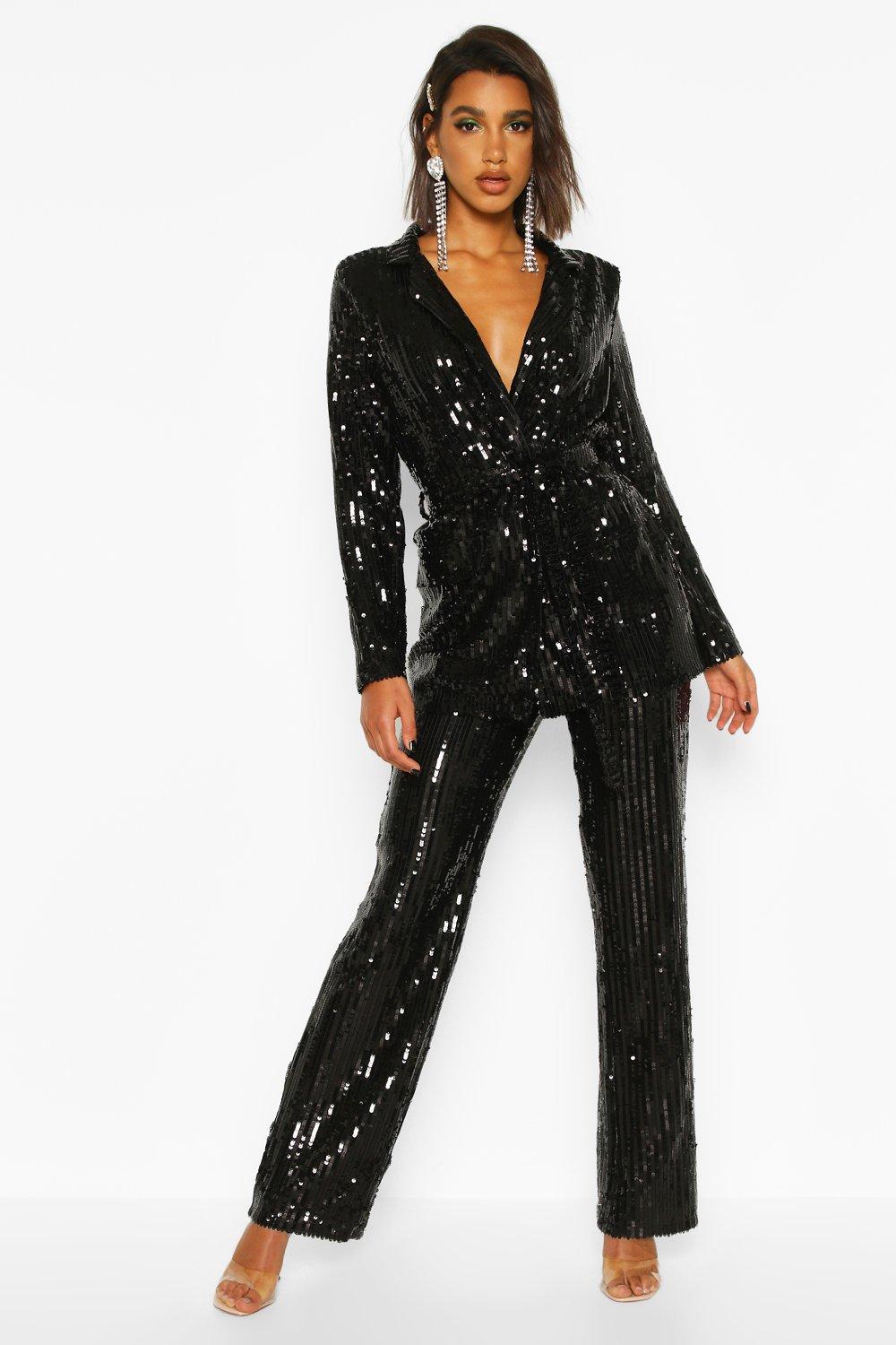 black sequin trouser suit