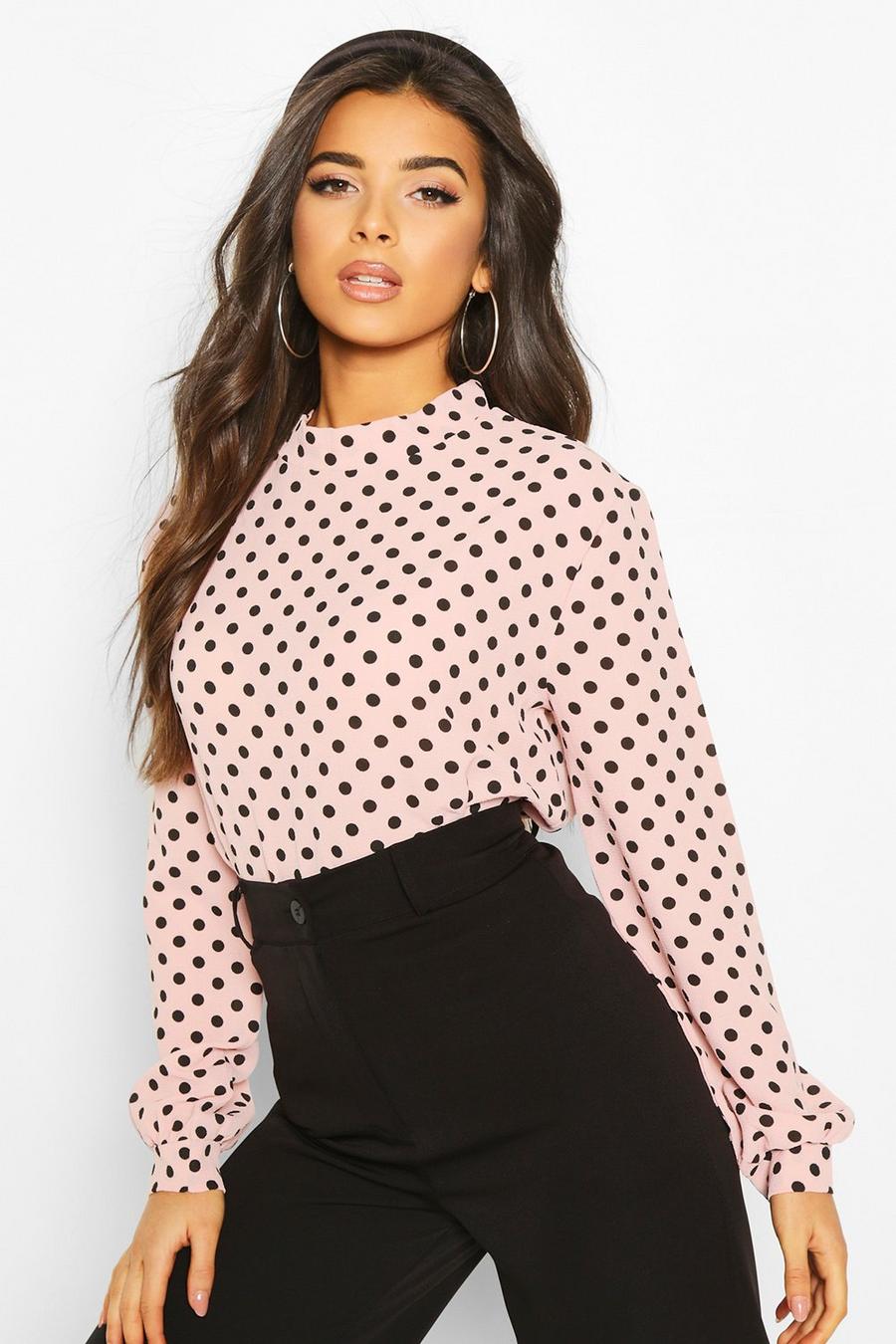 Blush Polka Dot High Neck Blouse image number 1