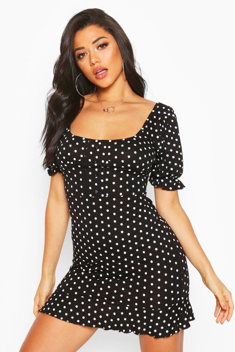 black polka dot mini dress