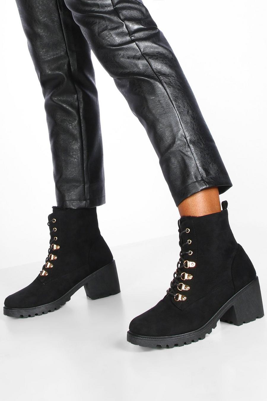 Black Faux Fur Lined Block Heel Combat Boots image number 1