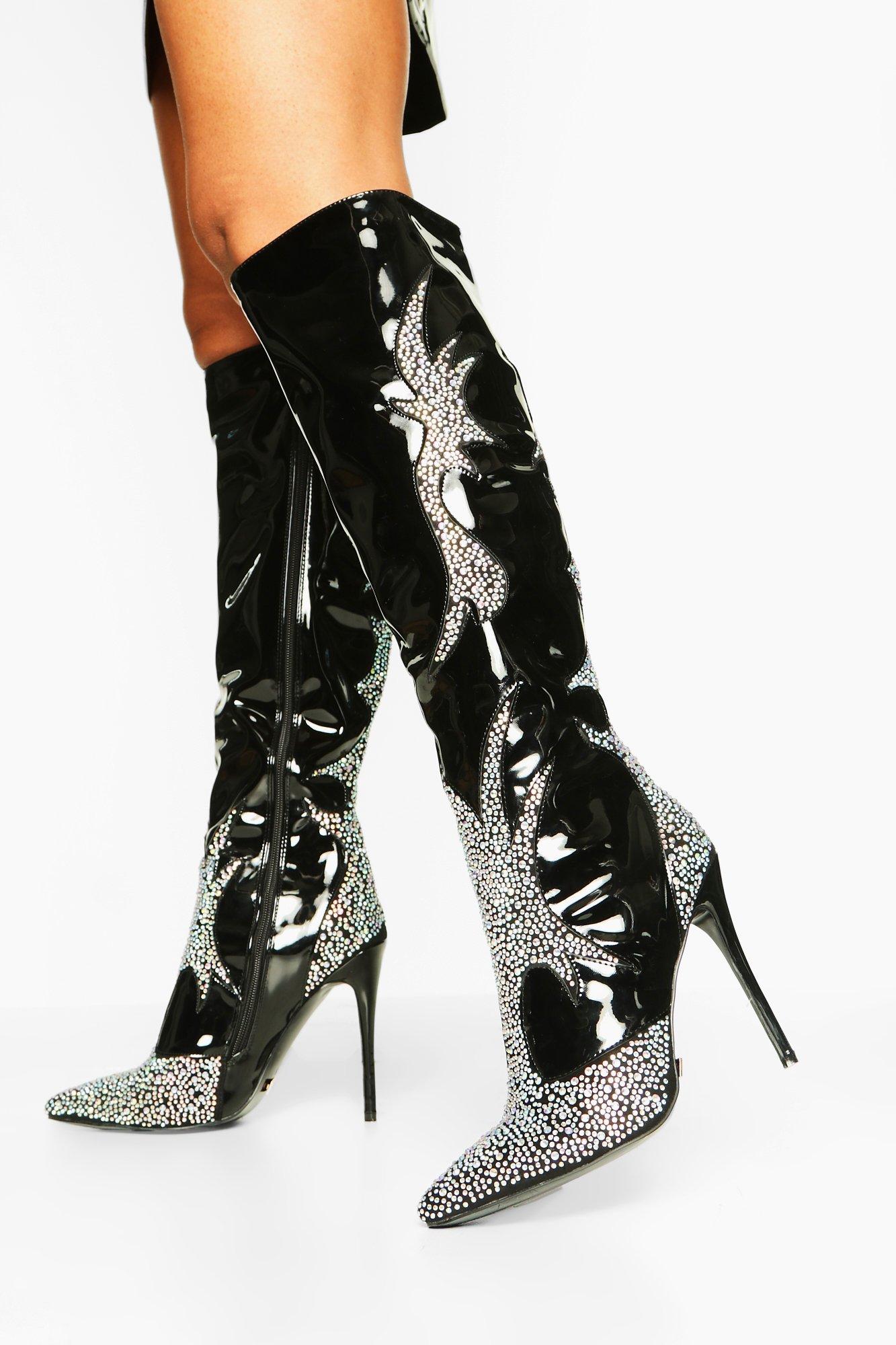 Diamante Pointed Knee Boots | boohoo
