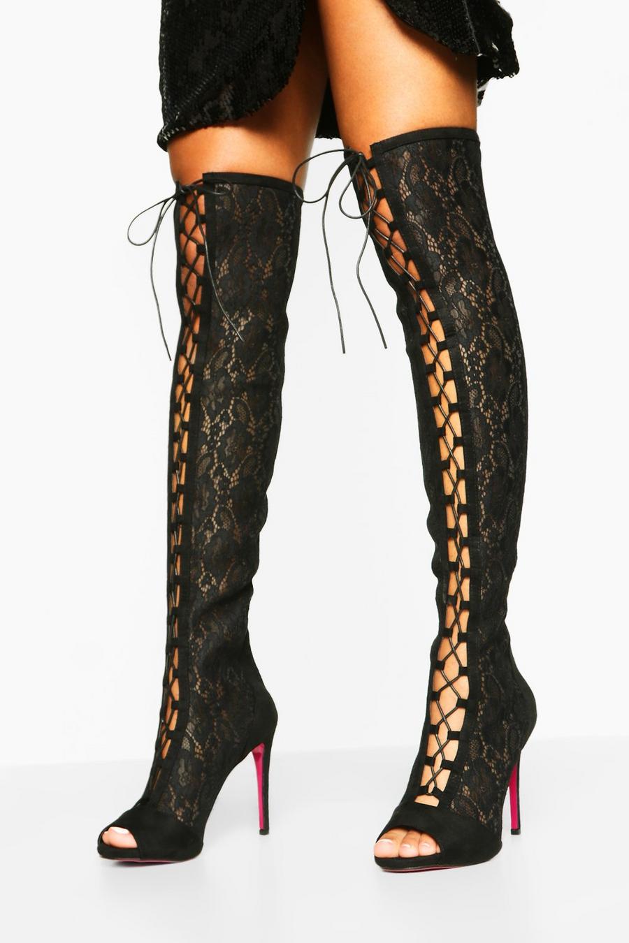 Black Lace Over The Knee Boots image number 1