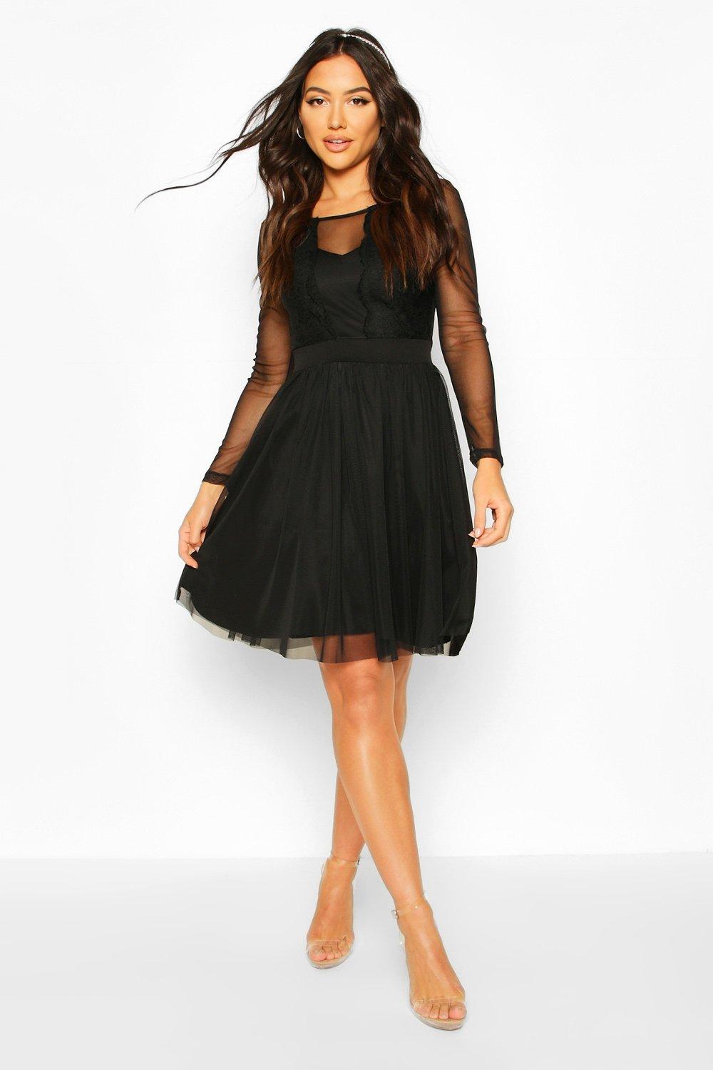 black lace skater dress