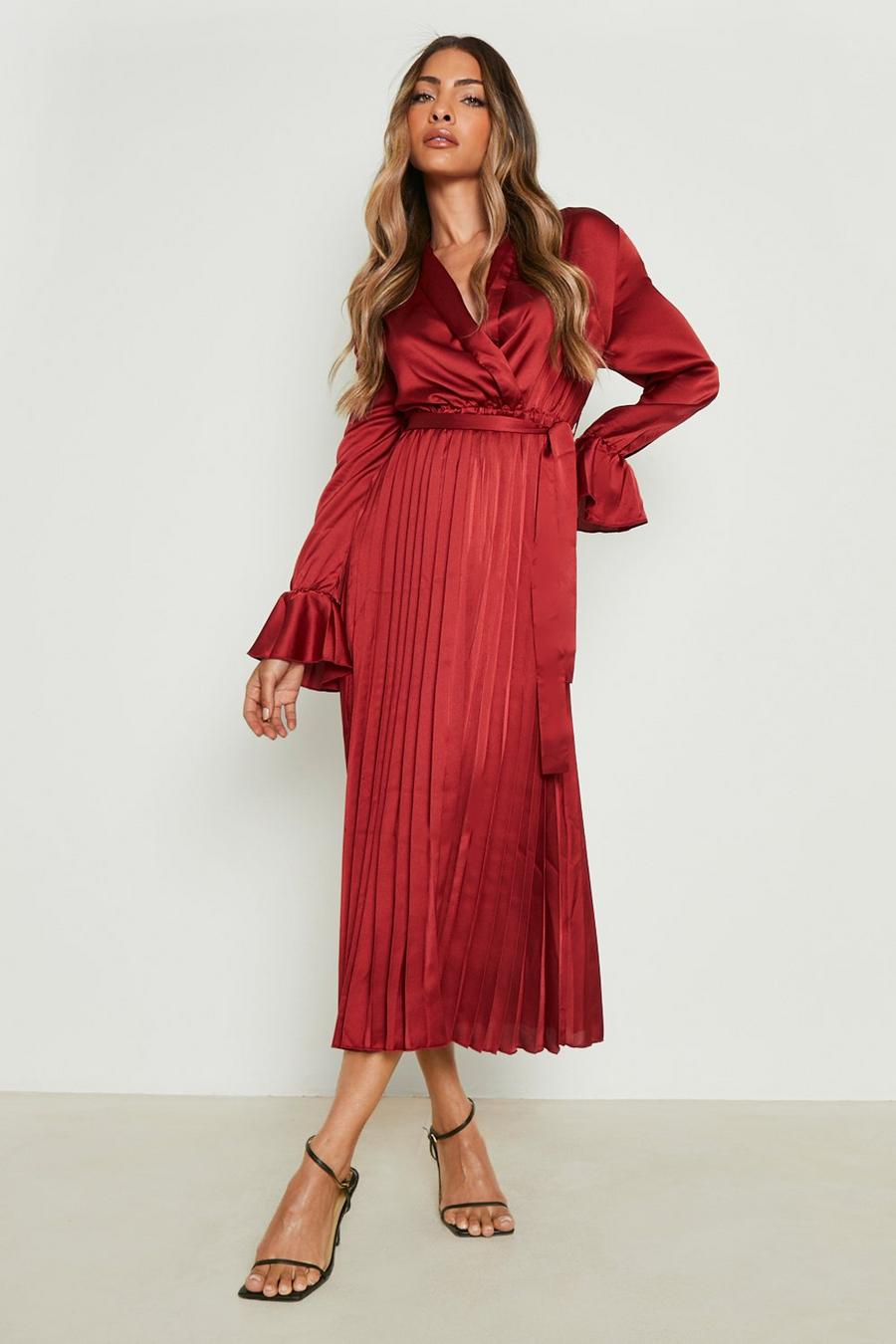 Berry red Satin Pleated Midaxi Dress