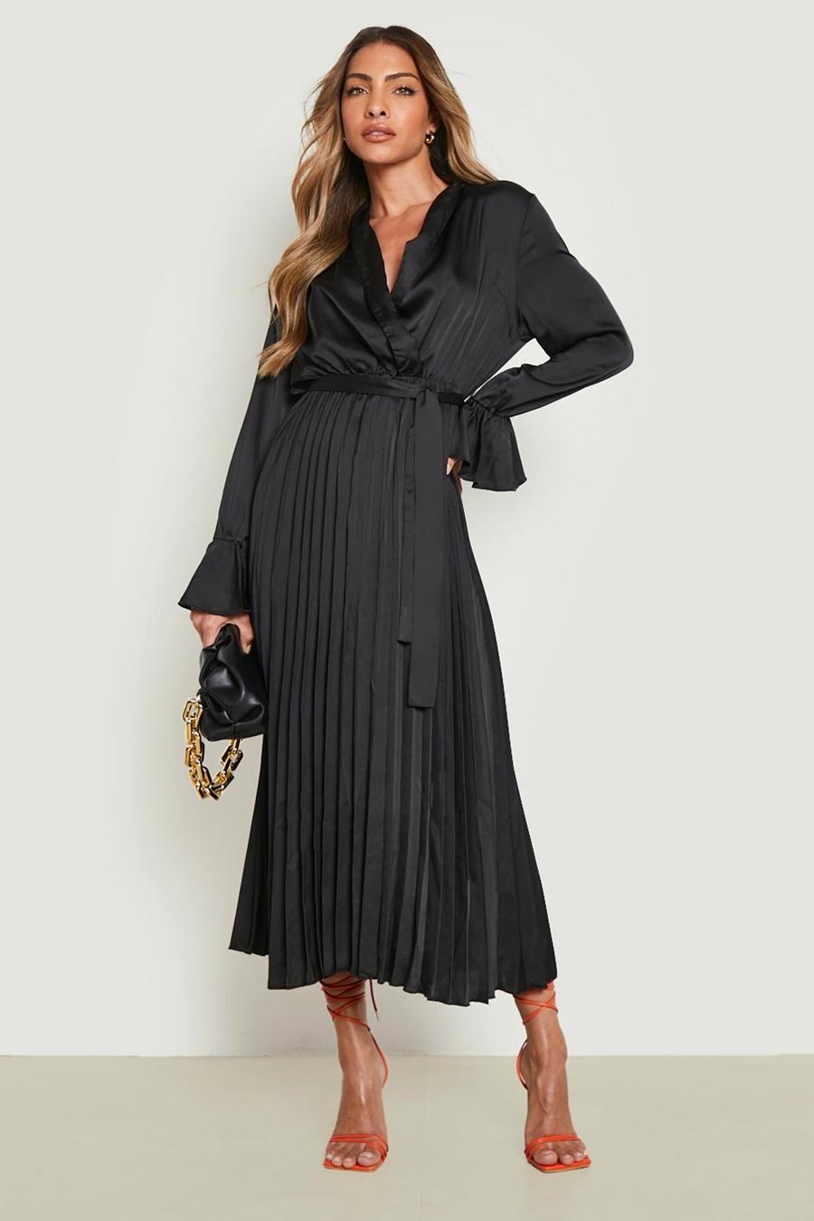 Black Satin Pleated Midi Dress image number 1