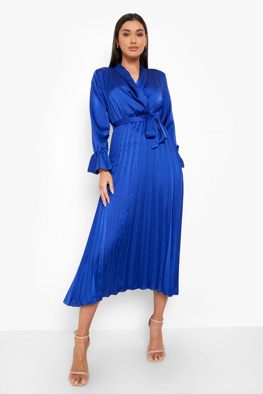 Cobalt blue Satin Pleated Midaxi Dress image number 1