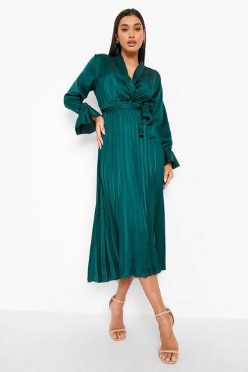 Green Satin Pleated Midi Dress