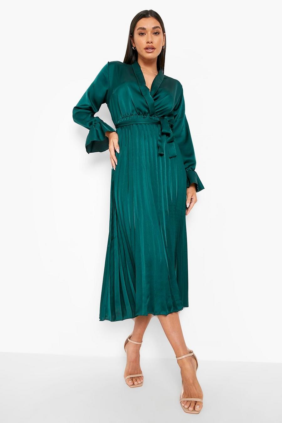 Green Satin Pleated Midaxi Dress