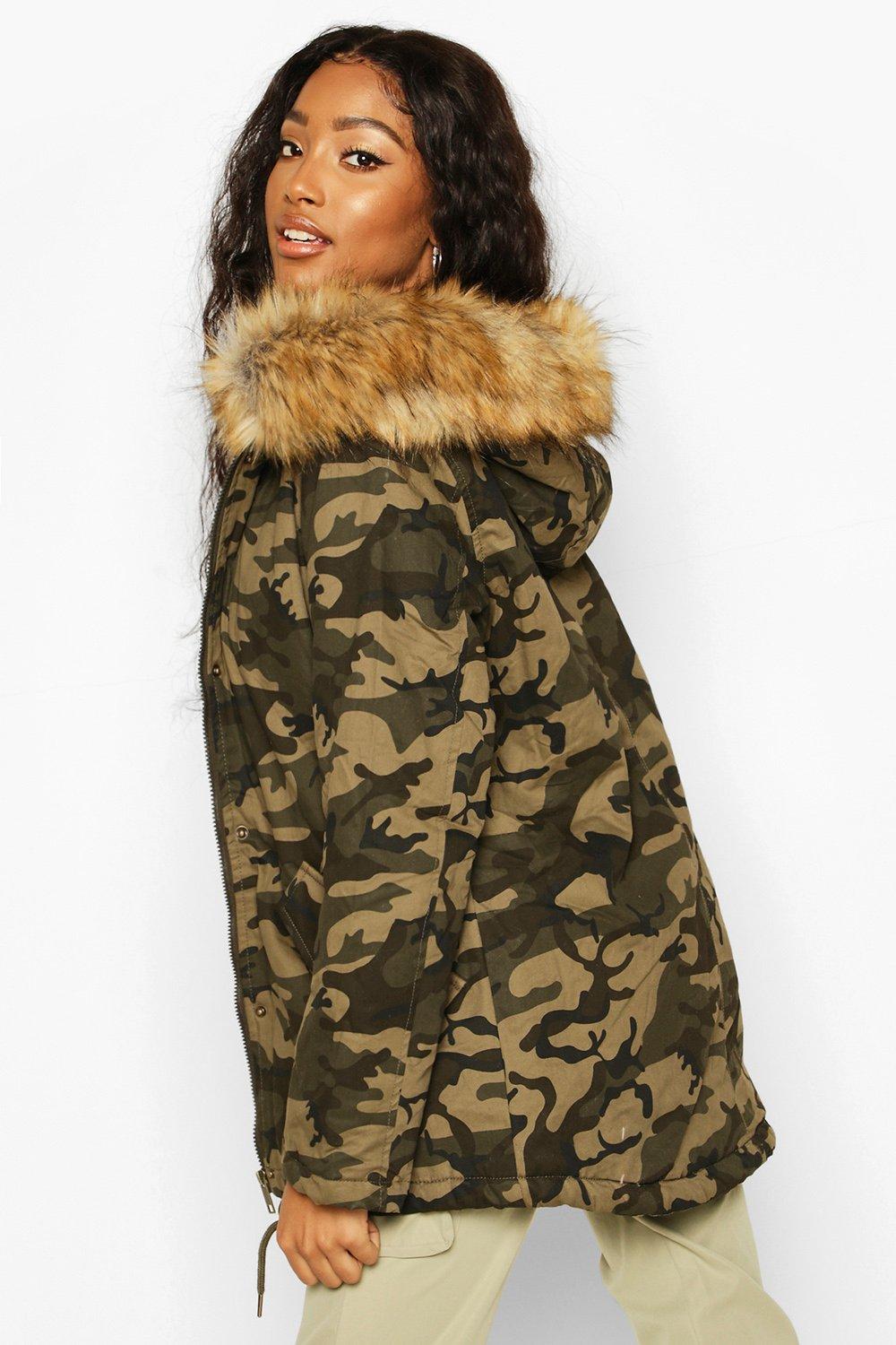 Camo Print Faux Fur Trim Parka