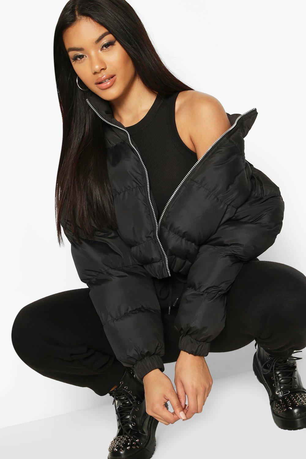 black hooded cropped puffer jacket