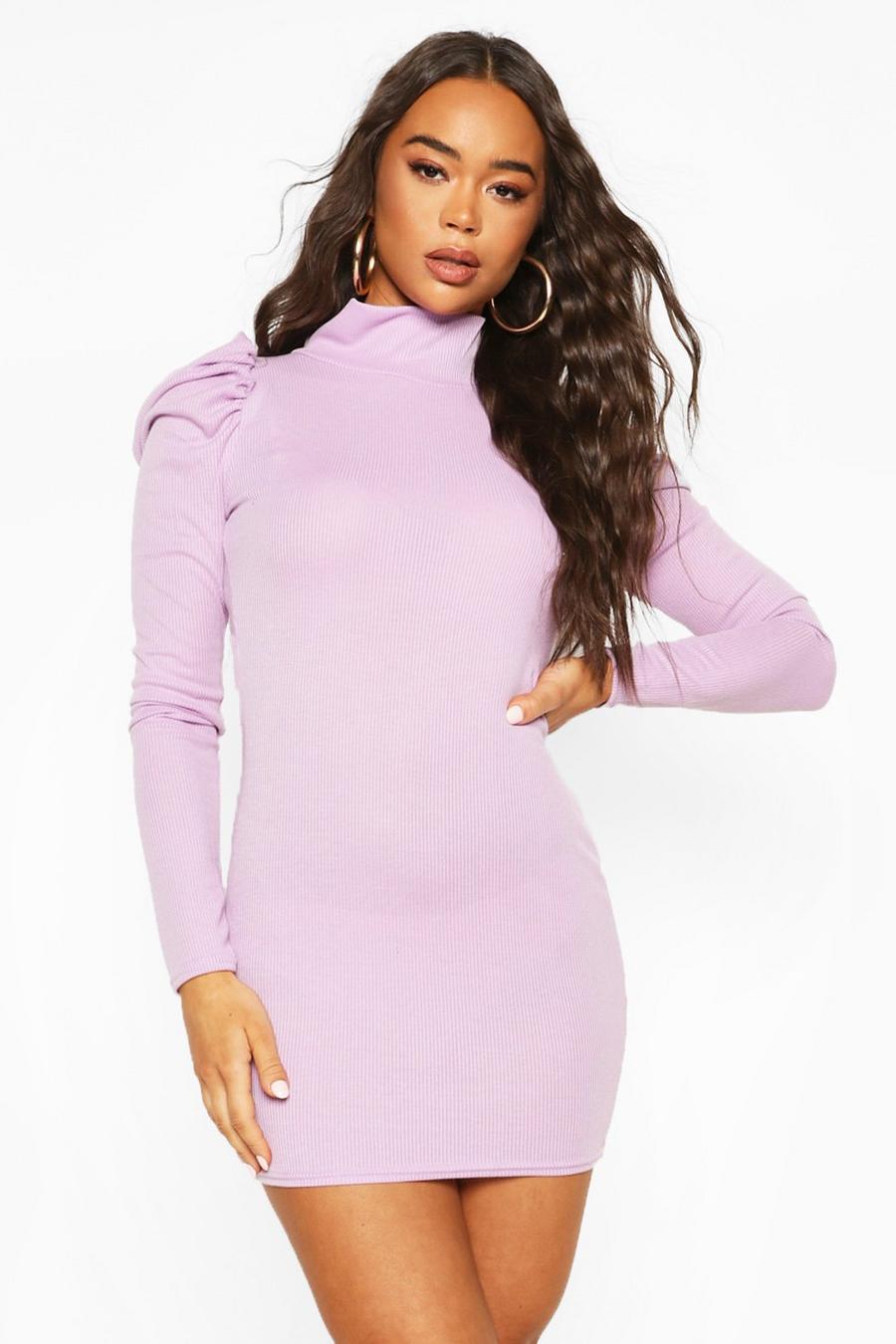 Lilac Ribbed High Neck Puff Sleeve Mini Dress image number 1