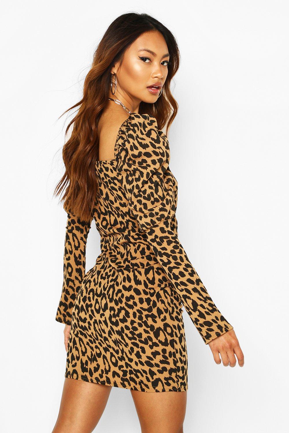puff sleeve leopard dress