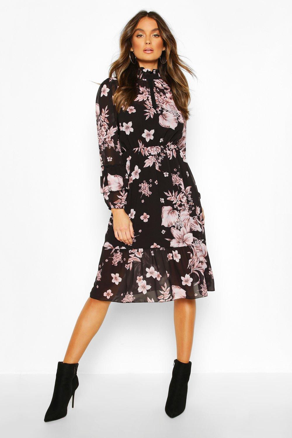 grey frill floral midi dress