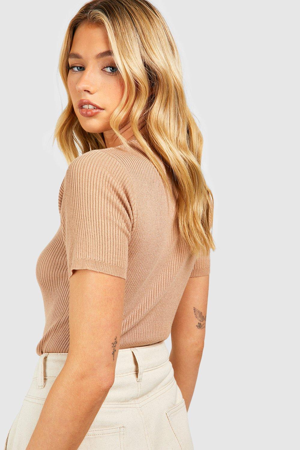 Rib Knit Crew Neck Short Sleeve Knitted Top