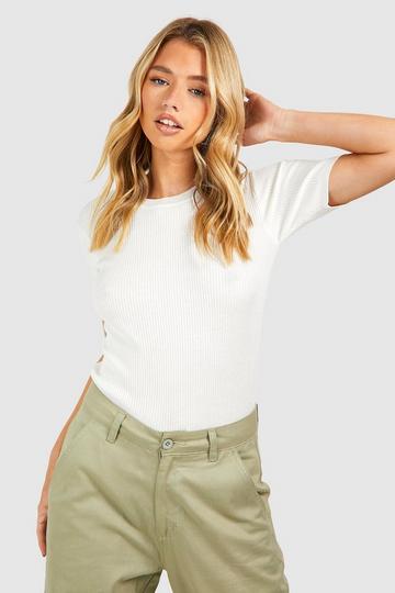 Rib Knit Crew Neck Short Sleeve Knitted Top cream