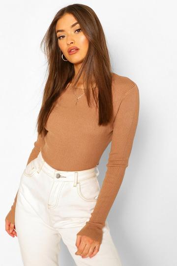 Rib Knit Crew Neck Long Sleeve Top camel