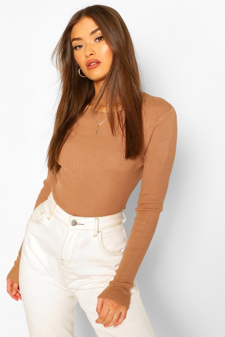 Camel Rib Knit Crew Neck Long Sleeve Top image number 1