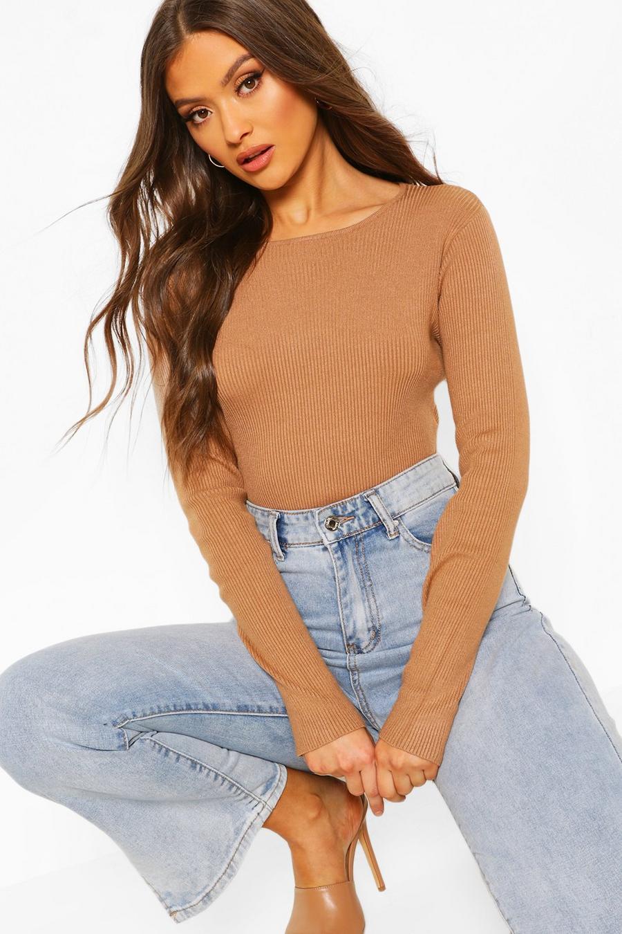 Toffee Rib Knit Long Sleeve Knitted Bodysuit image number 1