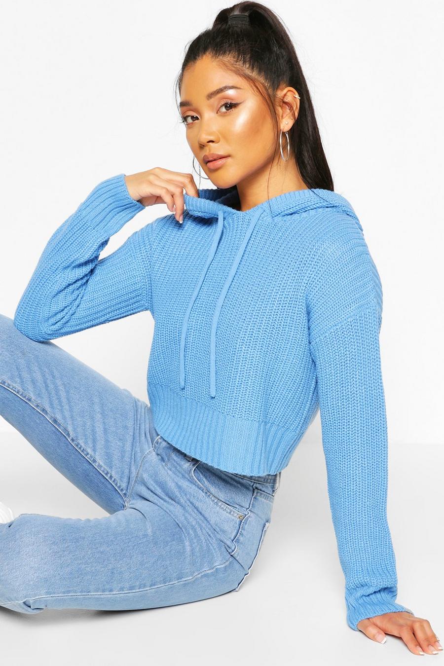 Blue Knitted Hooded Cropped Sweater image number 1