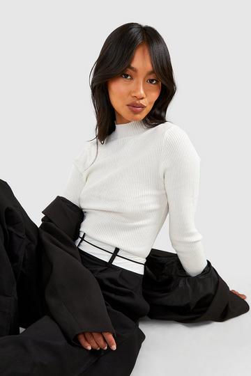 Cream White Rib Knit Turtle Neck Top