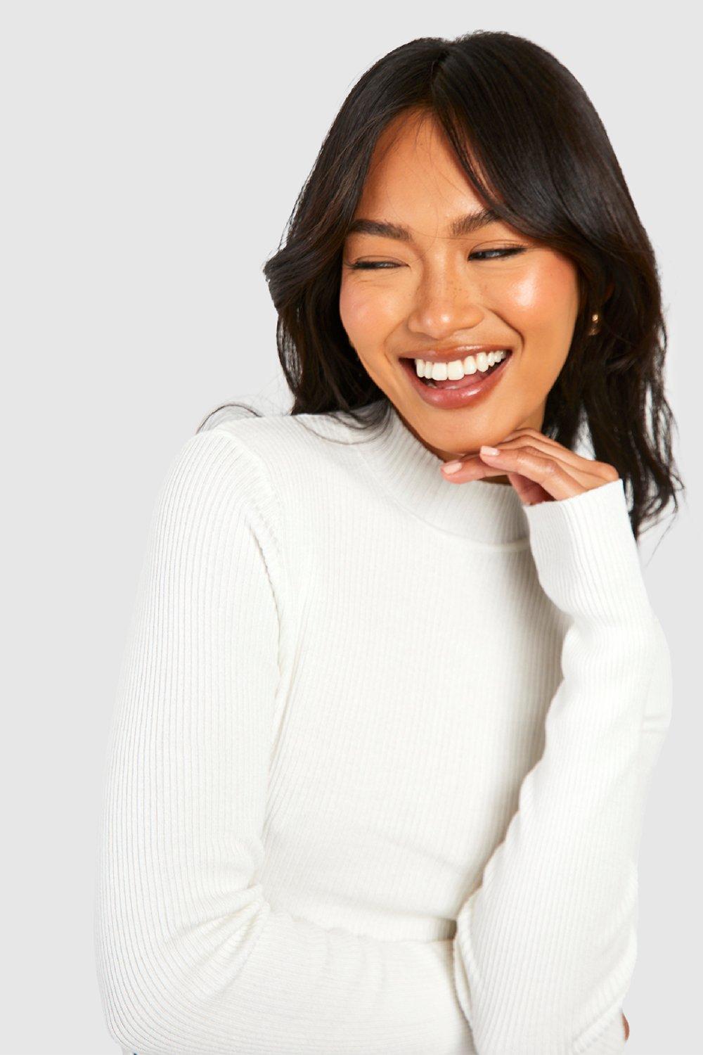 Turtleneck Ribbed Fitted Knit Top in White