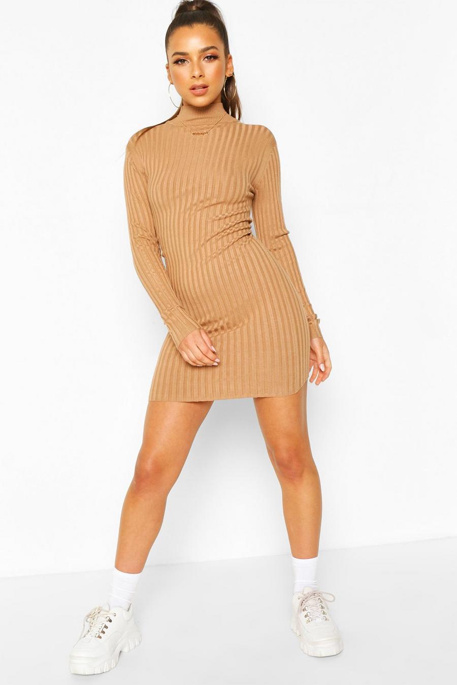 Camel Rib Knit Turtle Neck Knitted Dress image number 1