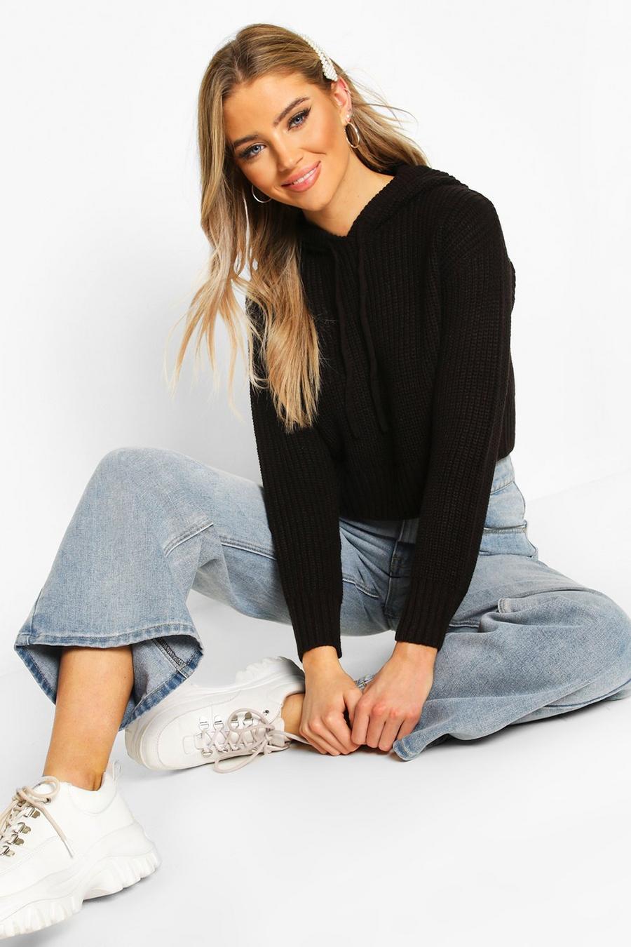 Black Knitted Hooded Cropped Sweater