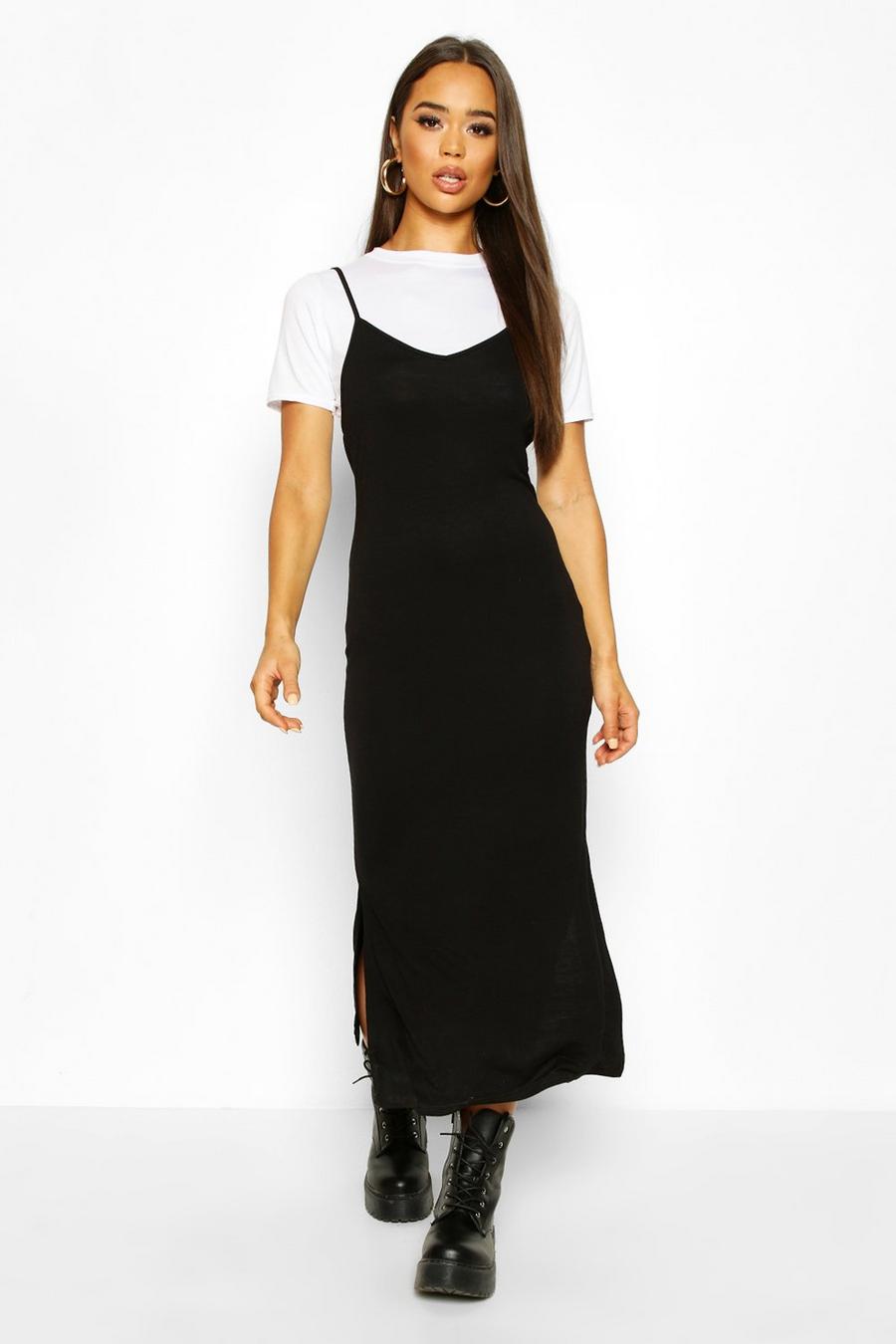 Mehrlagiges Midaxi-Slip-Kleid im T-Shirt-Stil, Schwarz image number 1