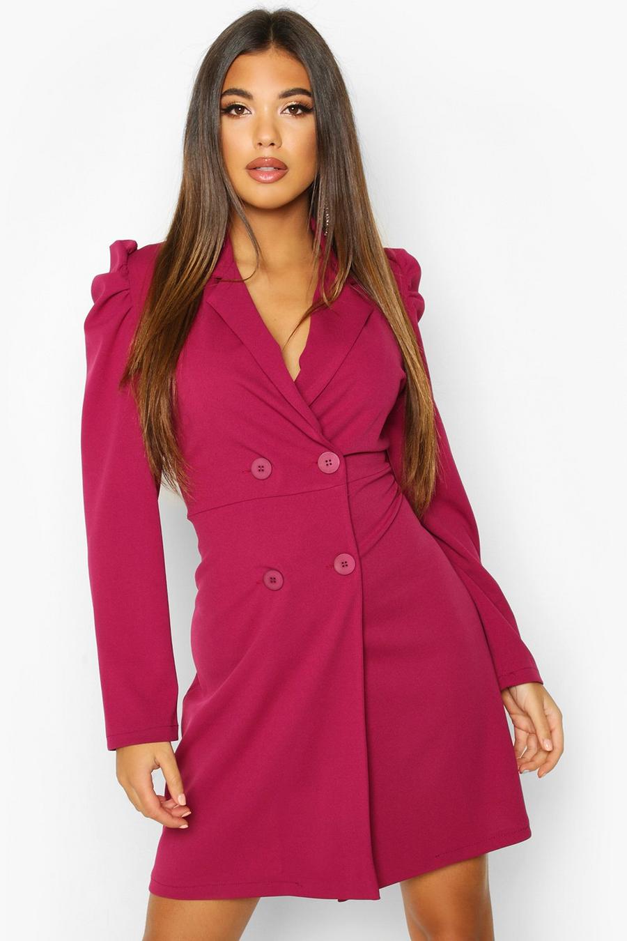 Raspberry Puff Shoulder Double Breasted Blazer Dress image number 1